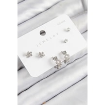 Pirinç Zirkon Taşlı Halka Model Gümüş Renk 925 Ayar Gümüş Çivi Kadın Küpe Set Çok renkli