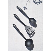 3 Adet Isıya Dayanıklı Yemek Hazırlık Seti Kaşık Kepçe Spatula Pratik Mutfak Servis Seti- Siyah