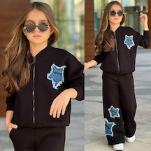 Kız Çocuk Kot Yıldız Detaylı Şardonlu Fermuarlı Sweatshirt Ve Bol Paça Eşofman Takımı 43183 S- Siyah