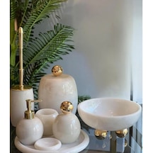 Dekoratif Doğal Beyaz Oval Mermer 8 Parça Gold Disko Banyo Seti