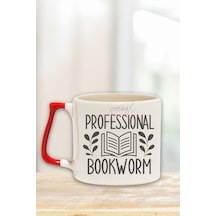 Professional Bookworm Desenli Kitap Tutkunu Hediyelik Kırmızı Kulplu Kupa Bardak Kırmızı