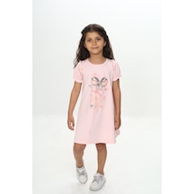 Toontoy Kız Çocuk Baskılı Relax Fit Bisiklet Yaka Kısa Kollu Elbise - Fırfır & Büzgü Detaylı Pudra