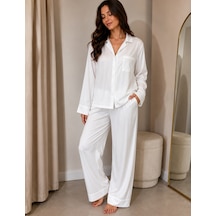 Monamise Önü Düğmeli Gömlek Yaka Pijama Takımı - Beyaz