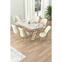Canisa Lai Serisi 90x168 Lak Panel Beyaz Mermer Desen Gold Ayak Masa Takımı 6 Krem Sandalye Beyaz Mermer Desen Masa Sandalyeler Krem