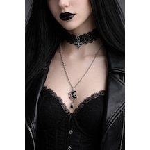 Gotik Ay Figürlü Siyah Detaylı Gümüş Renk Unisex Kolye Çok renkli