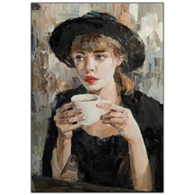 Bir Fincan Kahve İle Siyah Şapkalı Kadın Kanvas Tablo