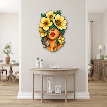 Sarı Çiçeklerle Örtülü Kadın Portresi - Metal Tablo - Dec0280 55 X 80 Cm Çok Renkli