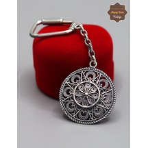 Çiçekli Ay Yıldız Model 925 Ayar Gümüş Oksitli Telkari Anahtarlık 201025161 Gümüş