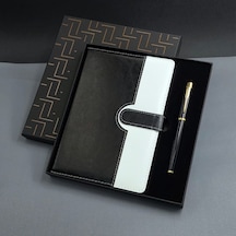 Tarihsiz Siyah Beyaz Ajanda Defter Ve Metal Roller Kalem Seti