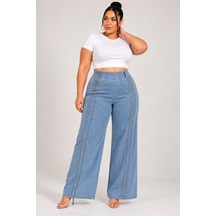 Büyük Beden Denim Taşlı Yüksek Bel Bol Paça Kadın Pantolon Mavi