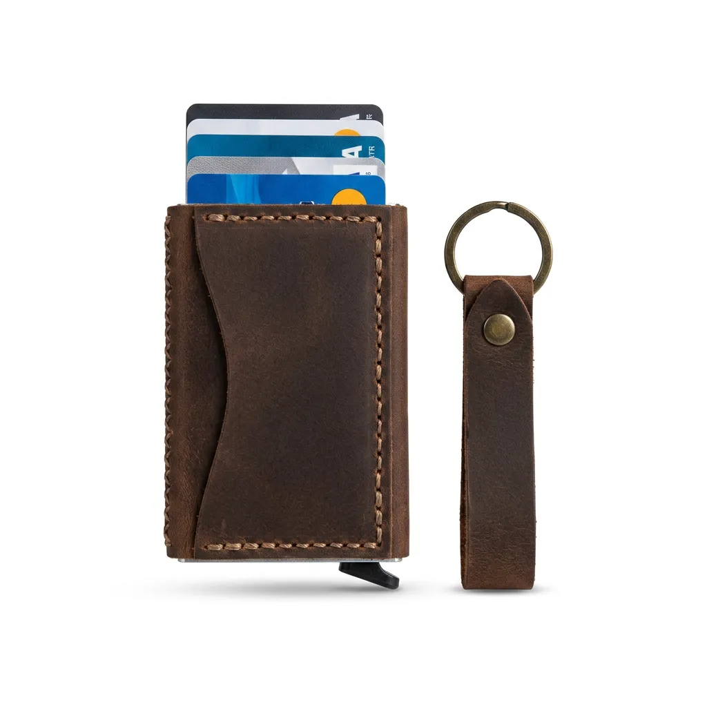 Natderi Hakiki Deri Mekanizmalı Cüzdan Anahtarlık Hediyelik Set El Dikişi Unisex Taba 7x10 Cm
