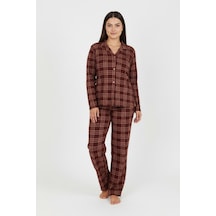 Bravie Luxury Soft Kahverengi Ekose Desenli Uzun Kollu Kadın Pijama Takımı Büyük Beden 3009 Kahverengi