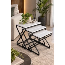 Sulorahome Modern Zigon Sehpa Seti Beyaz Ve Siyah Metal Ayaklı Beyaz Siyah Beyaz Renk- Siyah Metal Ayak