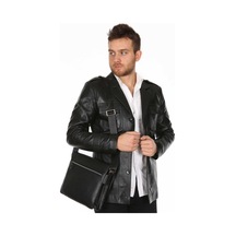 Hakiki Kuzu Derisi Düğmeli Gömlek Yaka Cepli Erkek Ceket Siyah Karışık / Çok Renkli