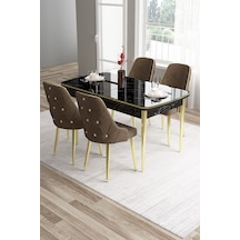 Canisa Tia Serisi 80x132 Açılabilir Mdf Siyah Mermer Desen Gold Detay Masa Takımı Ve 4 Kahverengi Sandalye Masa Siyah Mermer Desen Sandalye Kahve
