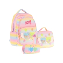 Kaukko Kids Kız Çocuk Simli Kalp Ve Çiçek Detaylı İlkokul 1.2.3.4. Sınıf Üçlü Okul Çanta Seti Sarı - Pembe