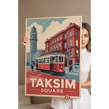 Taksim Meydanı Tablo - Nostaljik İstanbul Posteri - Retro Tramvay Duvar Dekoru - Şehir Tablosu Kayın