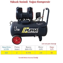 Puma PSLYH50-2M 50 L Yüksek Verimli Yağsız Kompresör