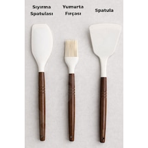 3 Parça Pastacı Seti - Akasya Saplı Silikon Spatula, Sıyırma Spatulası, Yumurta Fırçası - Mutfak Beyaz