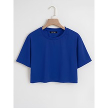 Kadın Oversize Bisiklet Yaka Düz Crop T-shirt - Saks Mavisi