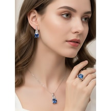 Gümüş Mavi Topaz Taşlı Kare Tasarım Kolye Küpe Yüzük Kadın Set