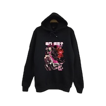 Demon Slayer Nezuko Kamado Anime Baskılı Unisex %100 Pamuk Kapüşonlu Siyah Sweatshirt Siyah
