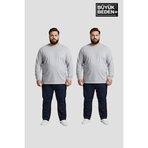 Süperlife Erkek Büyük Beden 2'li Set Uzun Kollu 2 İplik Bisiklet Yaka Tişört Spr26bts942+2 Grey Mel-grey Mel