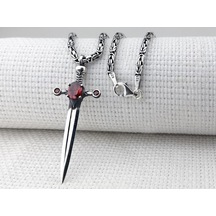 Takıhan Kırmızı Zirkon Taşlı Kral Zincirli Şovalye Kılıcı 925 Ayar Gümüş Kolye