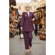 Stilkusagi Kadın Mürdüm Yaka Broş Detaylı Tunik Pantolon İkili Takım