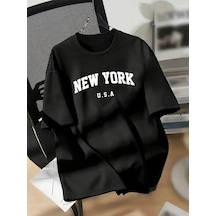 Kadın New York Baskılı Tişört Kısa Kol Bisiklet Yaka T-shirt - Siyah