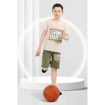 Veramoni Game Over Baskılı Yazlılk Çocuk Kısa Kollu Şortlu Bisiklet Yaka Tişört Alt Üst Takım Haki