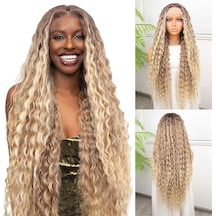 Afro Dalga Kumral Balköpüğü Ombre Ve Röfleli Fiber Sentetik Tül Peruk