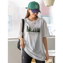 Kadın Oversize %100 Pamuk Grand Canyon Baskılı Beyaz T-shirt. Beyaz
