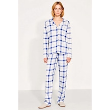 Benerly Kadın Gömlek Yaka Standart Kol Regular Kalıp Dokuma Pijama Takımı mavi