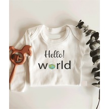 İmaj Tuğbababy Hello World Dünya Desenli Uzun Kol Çıtçıtlı Organik Bebek Body Beyaz