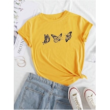 Uçan Kelebekler Süprem T-shirt - Sarı Baskılı Oversize Bisiklet Yaka Kısa Kol Tişört Sari