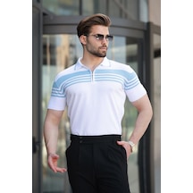 Madmext Beyaz Fermuarlı Polo Yaka Erkek Triko T-shirt E7407 Beyaz