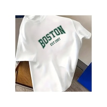 Caddemia Yaz  Moda Rahat Spor Gevşek Boston Mektup Desen Baskı Yuvarlak Boyun Kı Beyaz 2XL