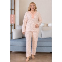 Derya Kadın Büyük Beden Dantel Yaka Bambu Uzun Kol İnce Pijama Takımı 8109p - 1 Adet Pudra