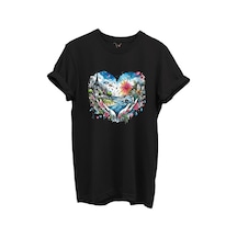 Kalp Şehir Manzaralı Renkli Baskılı %100 Pamuk Regular Fit Unisex T-shirt Siyah