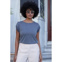 Jument Kadın Modal Penye Geniş Sıfır Yaka Düşük Omuzlu Apoletli Kısa Kol T-shirt Bluz-antrasit Antrasit