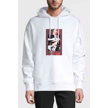 Moonbyul Baskılı Beyaz Erkek Örme Kapşonlu Sweatshirt
