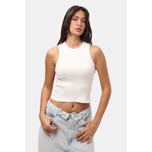 Kadın Ekru S6-101 Sıfır Kol Esnek Kumaş Crop Top