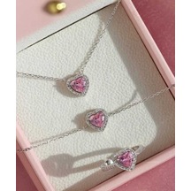 Vog Swarovski Taşlı S Model Kalp 925 Ayar Gümüş Takı Seti 3'lü Pembe