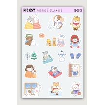 Kawaii Stili Sevimli Hayvanlar Kış Temalı Sticker Seti - 17 Adet Etiket Çıkartma Diğer