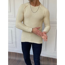Modefendi Slim Fit İtalyan Kesim Pamuk Açık Yaka Kazak Krem