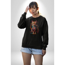 Renkli Yağlı Boya Kedi Unisex Siyah Baskılı Sweatshirt Siyah