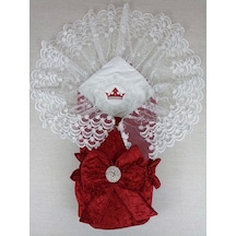 Yenidoğan Saray Kadife Taç Nakışlı İnci Fiyonklu Dantel Duvak Trilüks Kundak Bebek Battaniye Bordo Bordo