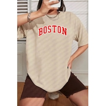 Flood Of Style Unisex Boston Baskılı T-shirt Bej