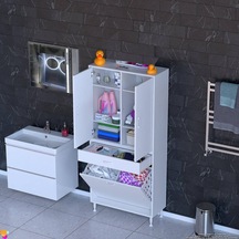 Modilayn Yeni Afra 85x173x32,5 Cm' Lik 1 Çekmece, 2 Göz Sepet, 2 Kapak, 6 Raf Dar Alan Banyo Dolabı Beyaz
